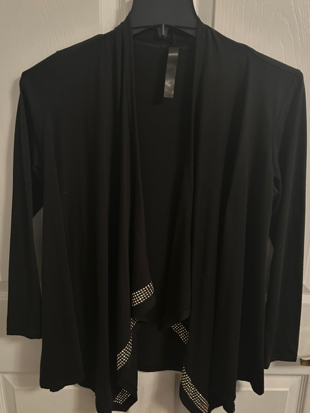 Black Open-Front Draped Cardigan with Stud-Trim